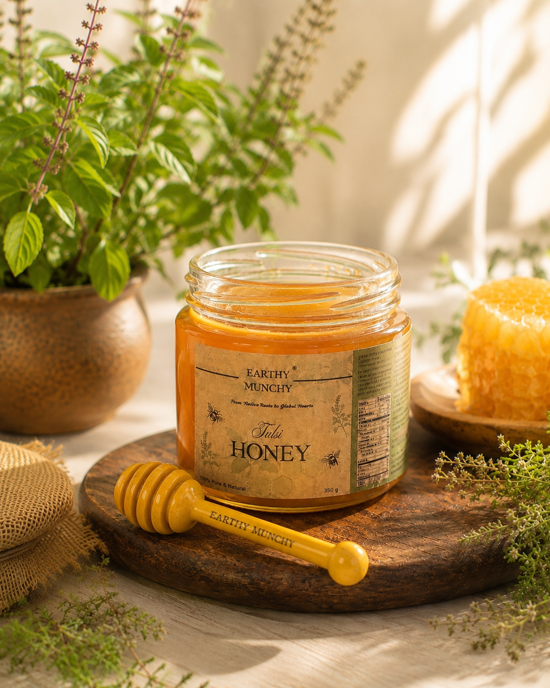 Earthy Munchy Tulsi Honey jar with lid off