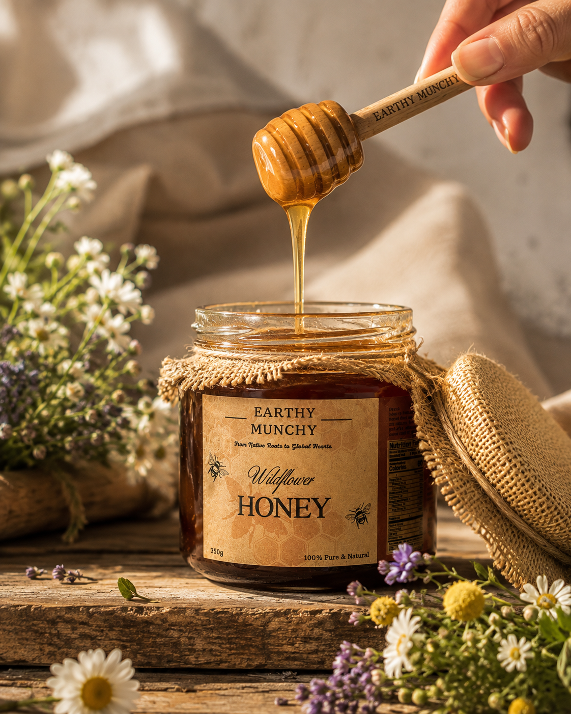 Wildflower Honey with honey dipper pouring